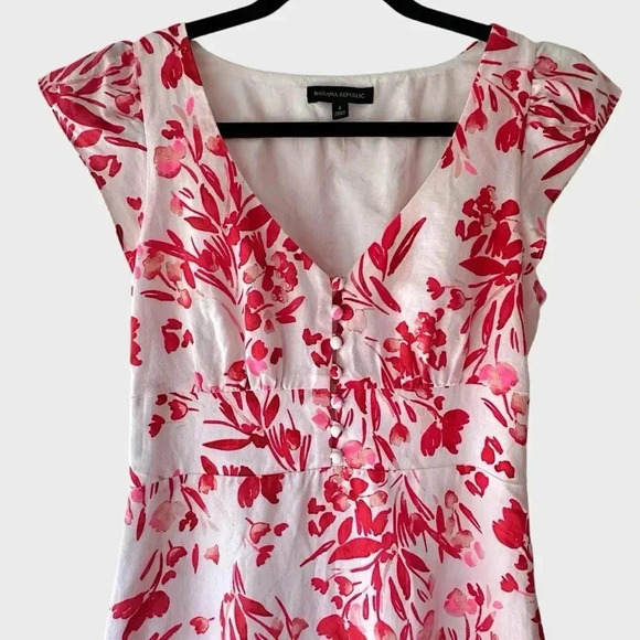 BANANA REPUBLIC NWOT FLORAL LINEN COTTON RUFFLE SLEEVE DRESS | SIZE: 4 - Picture 2 of 10
